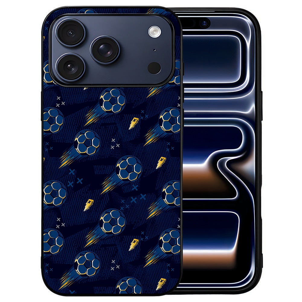 Blauw voetbalpatroon op de witte achterkant van het iPhone 18 Pro hoesje Voetbal