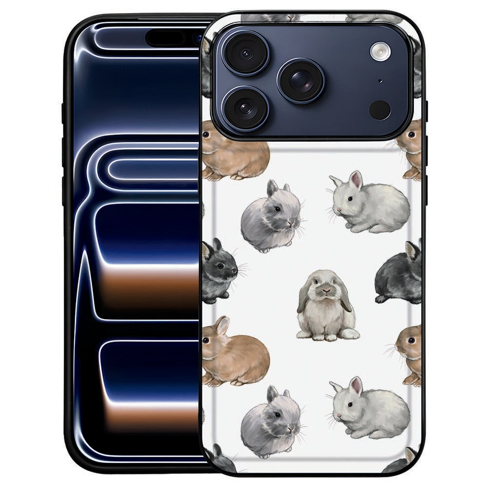 Konijntjes iPhone 18 Pro Max hoesje met kleine konijntjes in wit, bruin en grijs op kunstleer