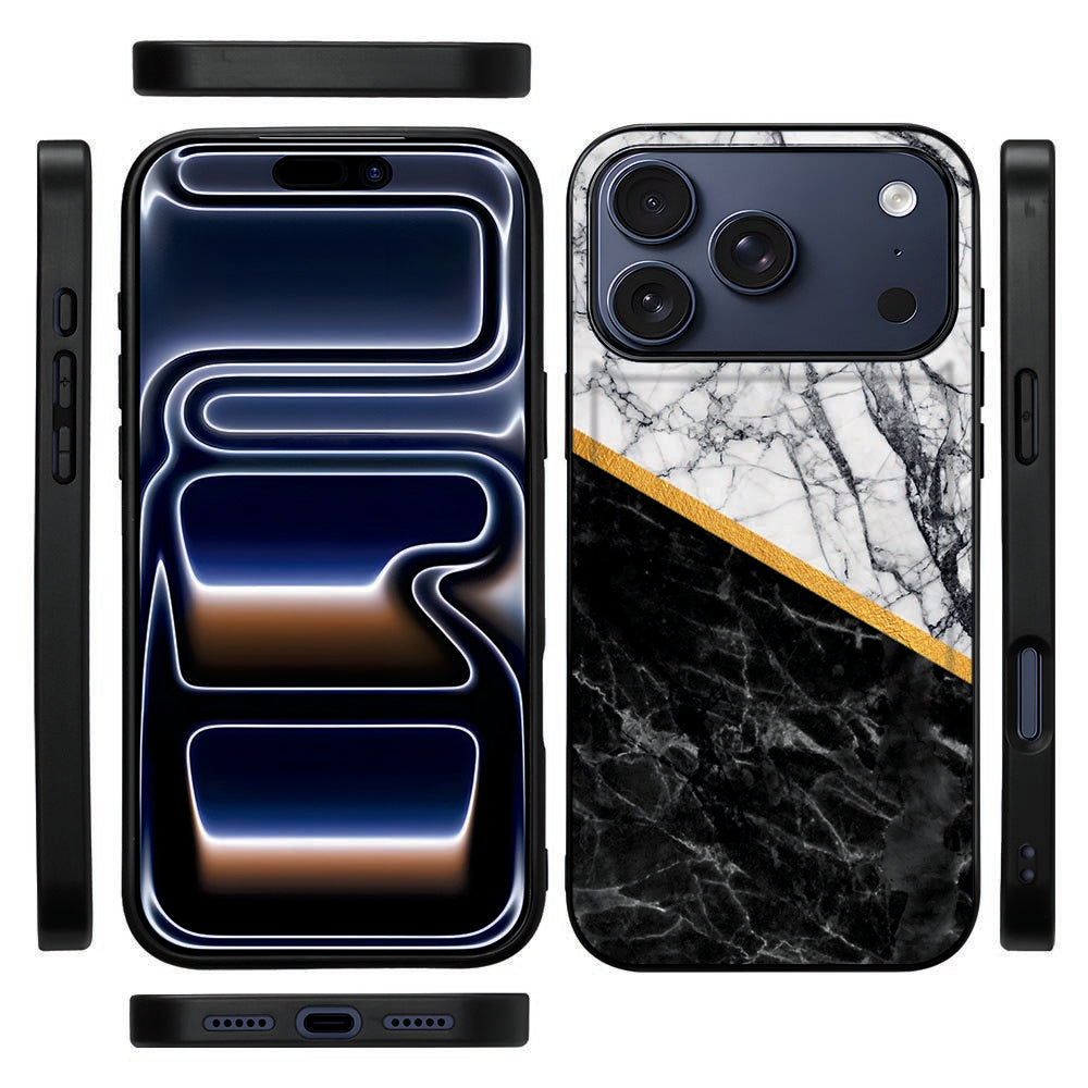 Marble White Black backcover voor iPhone 18 Pro van opzij, zwarte TPU-rand in beeld