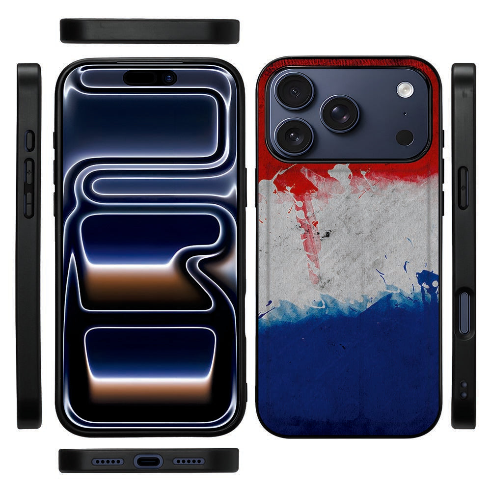 Zwarte rand van de Nederland backcover voor iPhone 18 Pro, gezien vanaf de zijkant