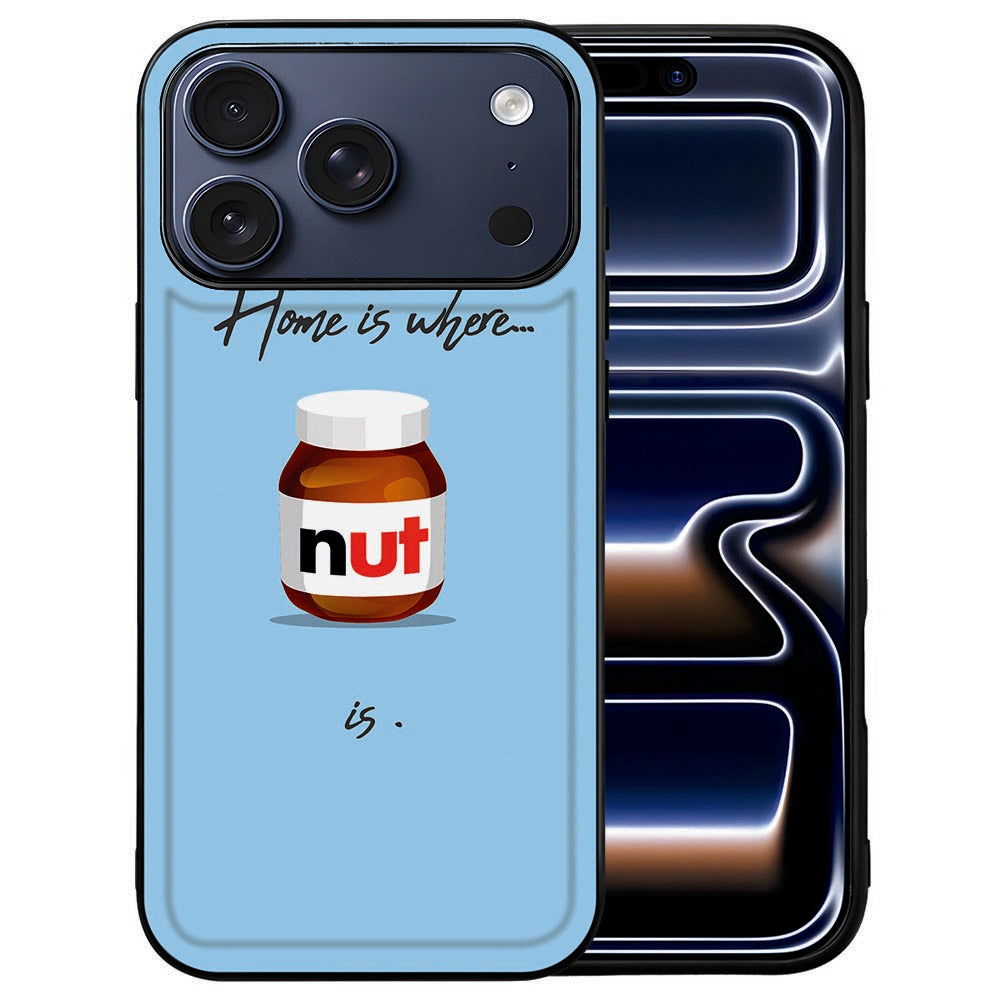 Blauwe nootjesillustratie op de kunstleren achterkant van het iPhone 18 Pro hoesje Nut Home