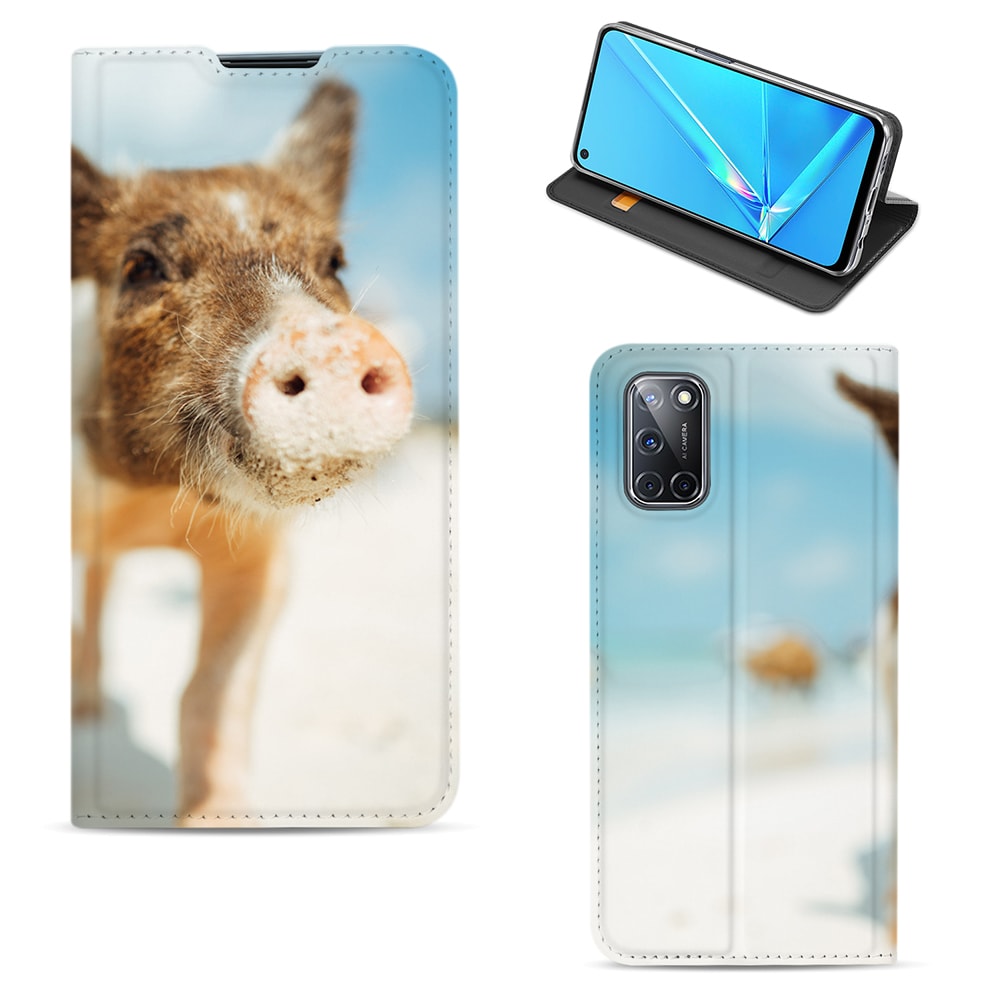 OPPO A52 en A72 standcase in drie aanzichten: dicht met een biggetje op het strand, van achteren en liggend in standpositie