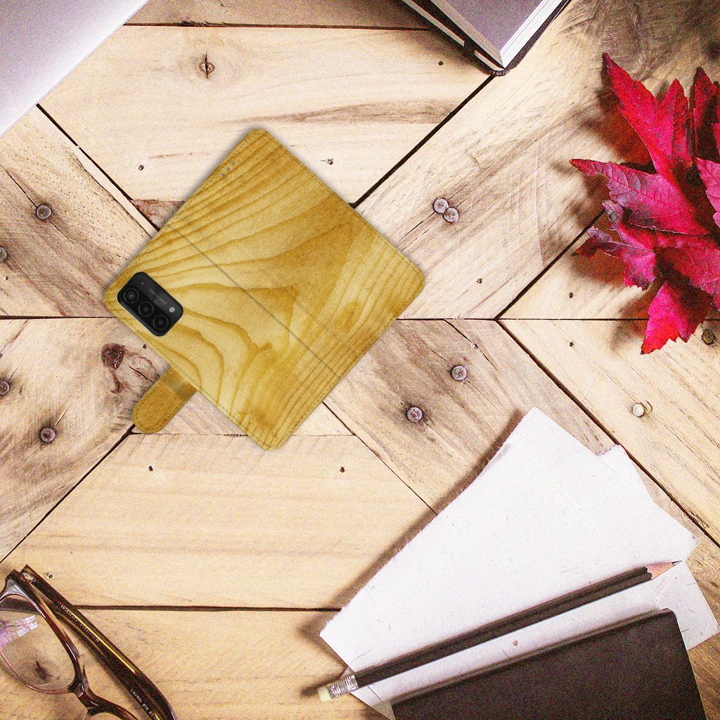 OPPO A54 5G A74 5G A93 5G Book Style Case Licht Hout boekhoesje design bovenaanzicht