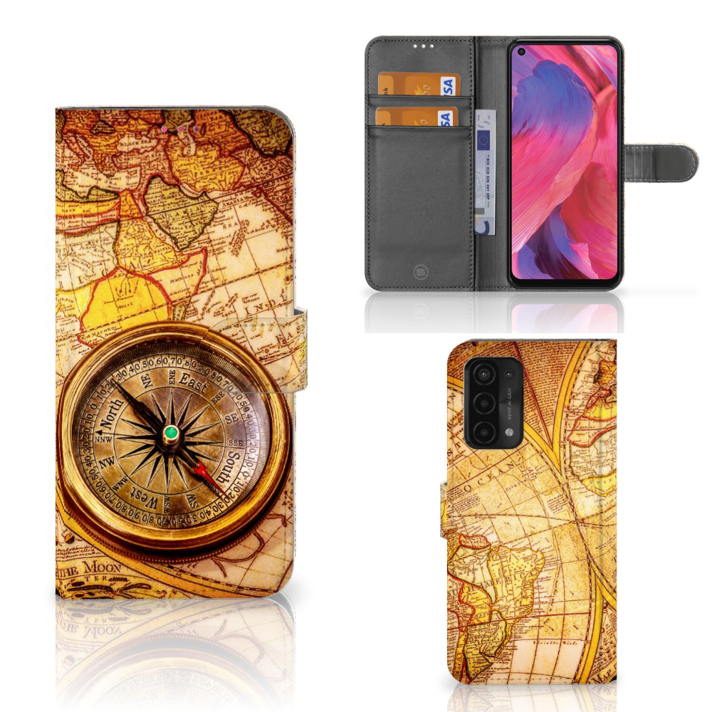 OPPO A54 5G A74 5G A93 5G Flip Cover Kompas design kompas voorzijde