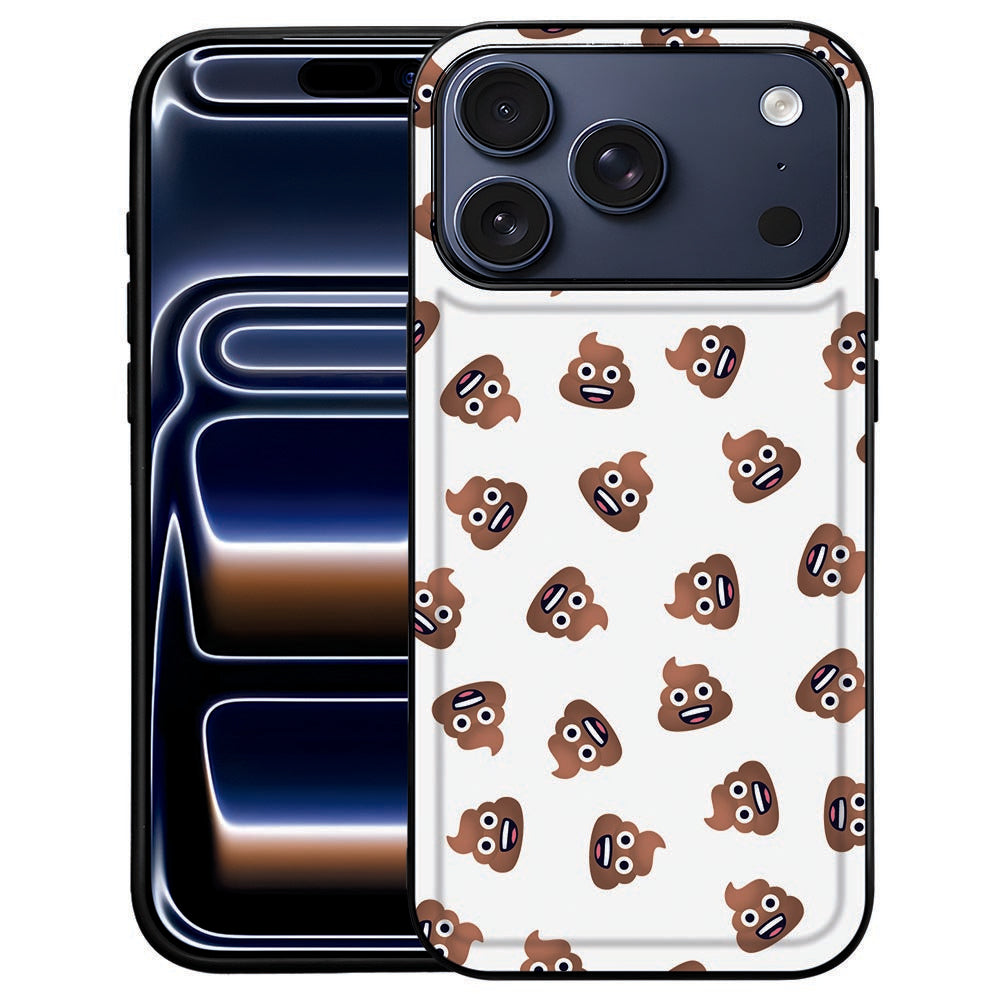 Poep Emojis iPhone 18 Pro Max hoesje met zwart-wit emojipatroon op kunstleren rug