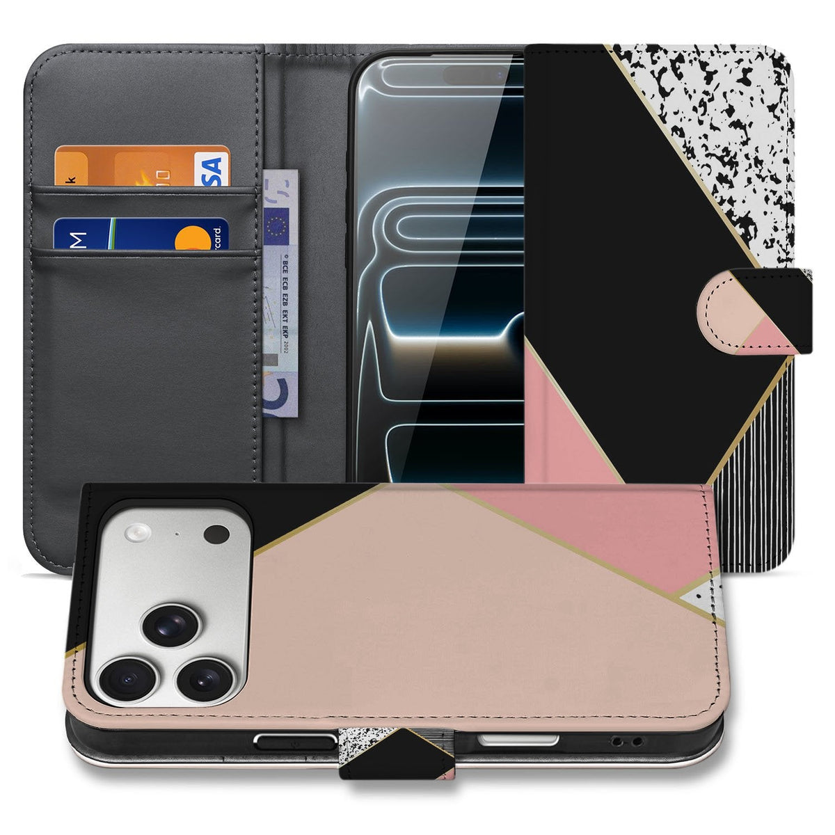 Black Pink Shapes portemonnee hoesje iPhone 18 Pro, open en dicht getoond