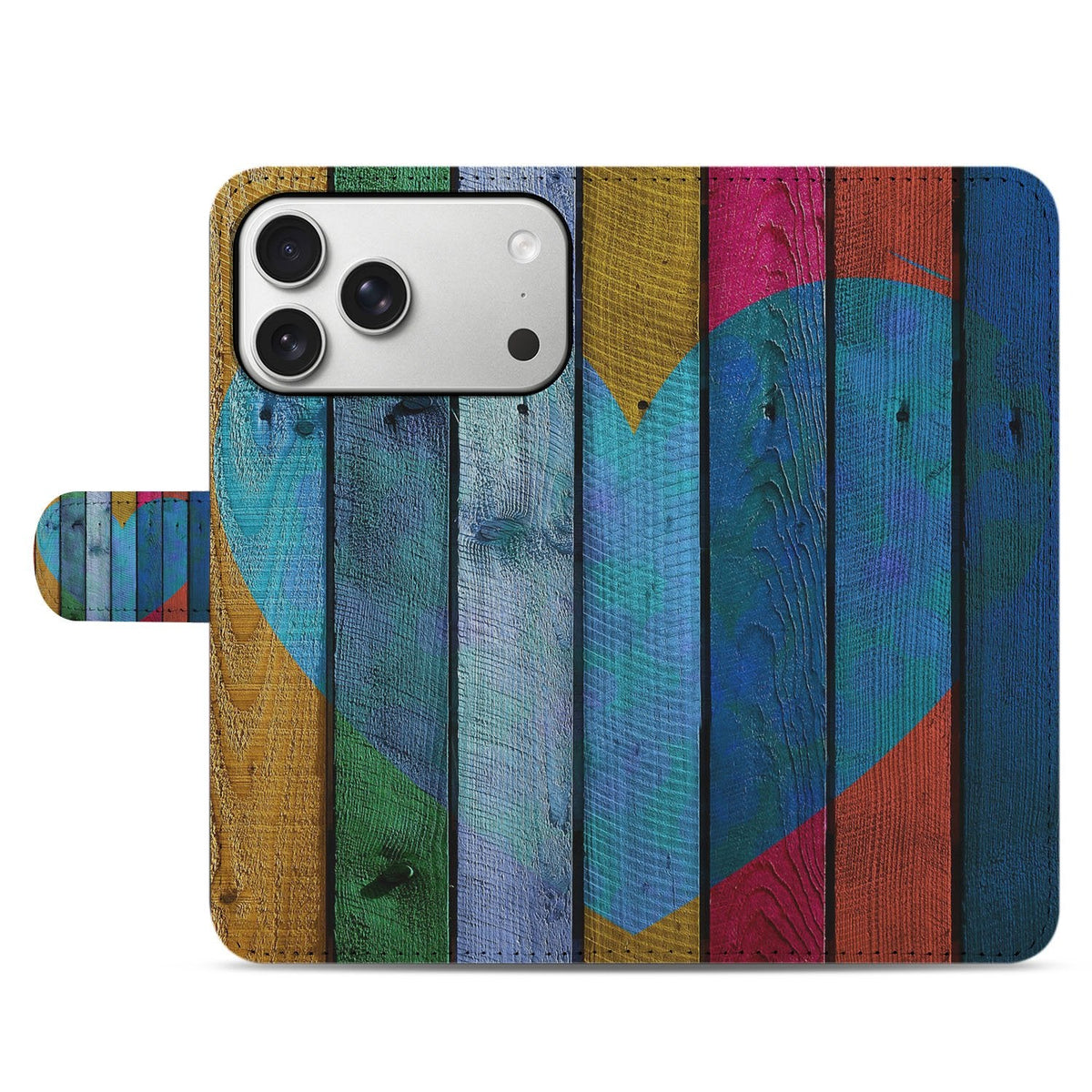 Dichte voorflap van het Wood Heart hoesje iPhone 18 Pro Max met kleurrijk houtdessin en hart