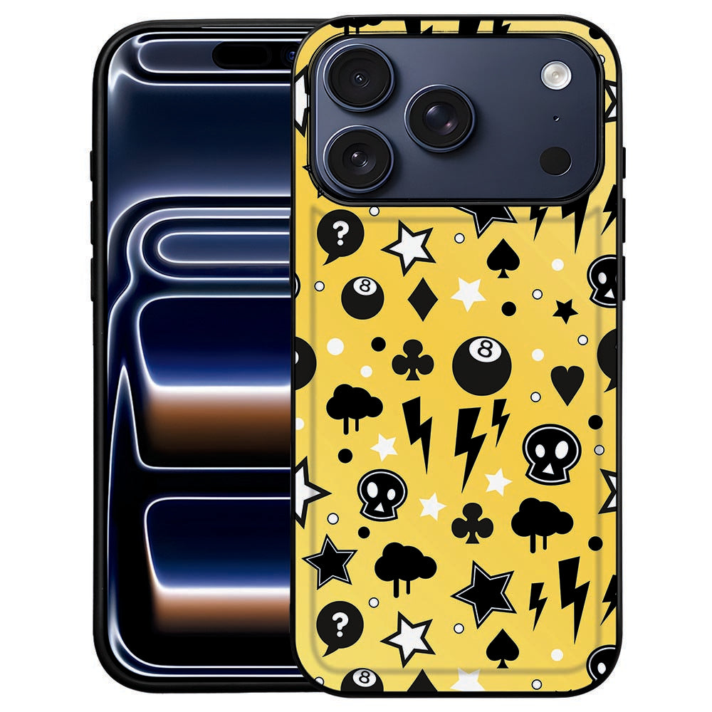Achterkant van het Punk Yellow iPhone 18 Pro Max hoesje met felgele punkprint op kunstleer