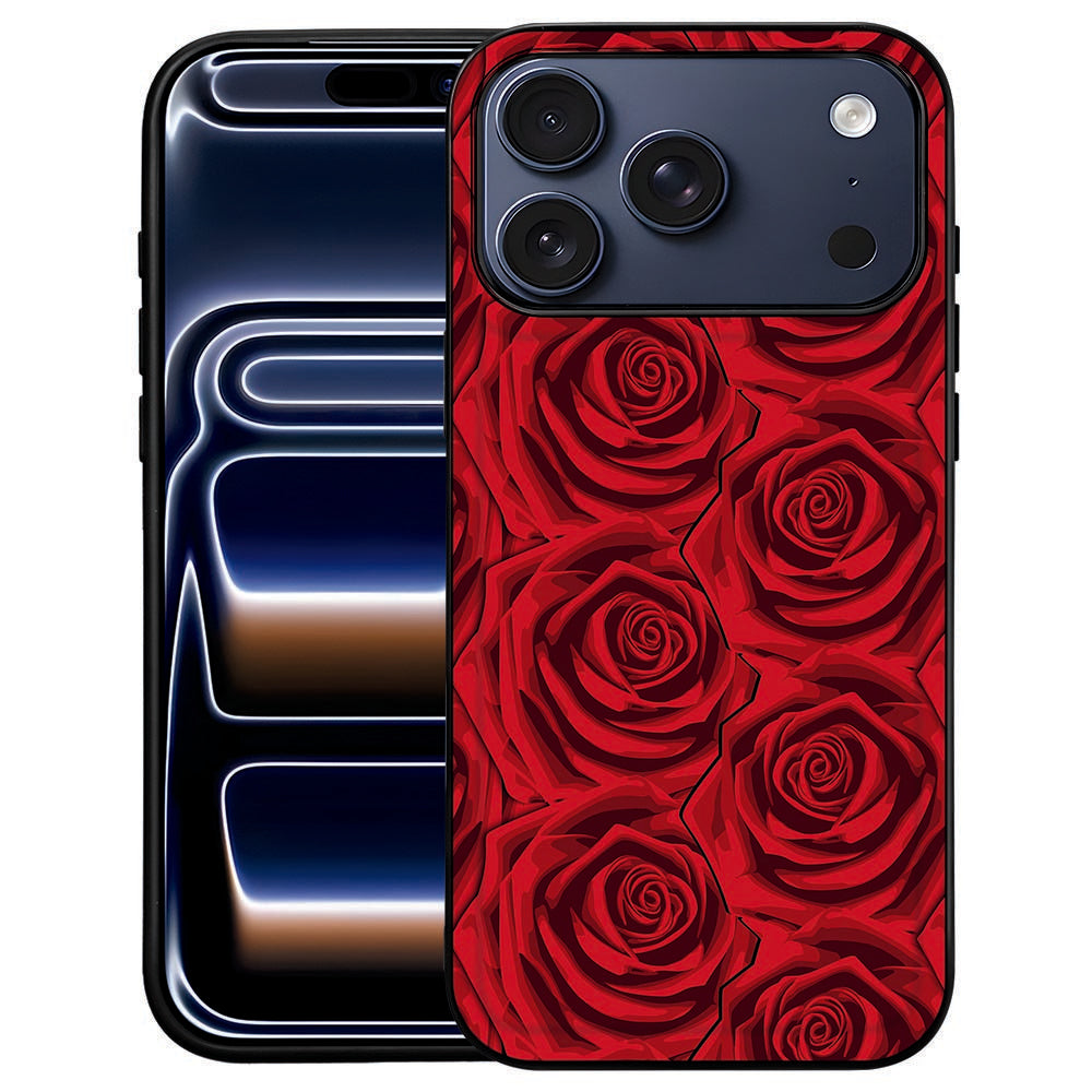 Red Roses iPhone 18 Pro Max hoesje met dieprode rozen op een zwarte kunstleren achterkant