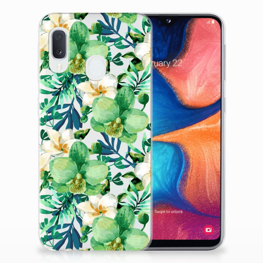 Samsung Galaxy A20e TPU Case Orchidee Groen bloemen design achterkant