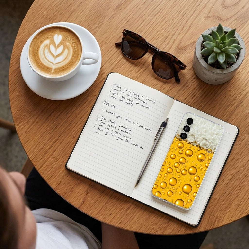 Samsung Galaxy A27 back cover hoesje Bier - lifestyle foto in huiselijke setting