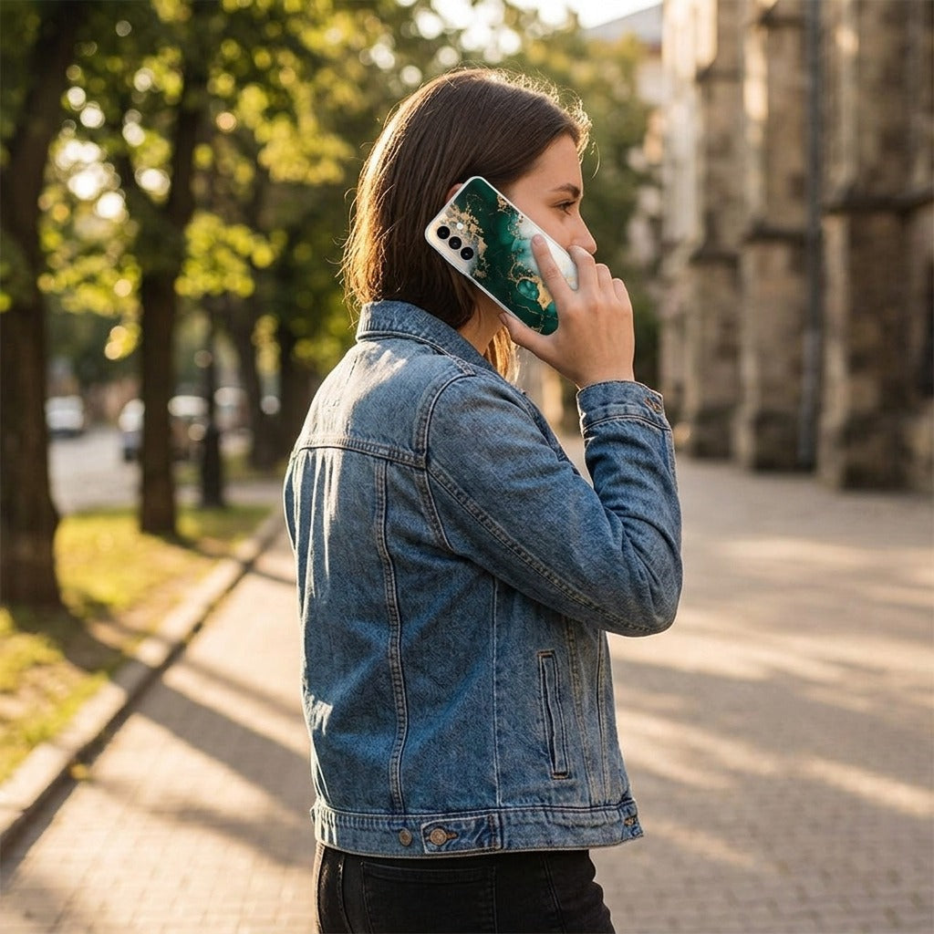 Back cover hoesje Samsung Galaxy A27 Marmer Groen - lifestyle foto in huiselijke setting