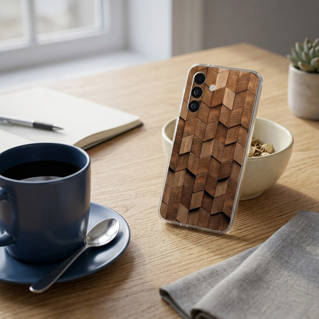 Samsung Galaxy A27 bedrukt hoesje Wooden Cubes - lifestyle foto in huiselijke setting