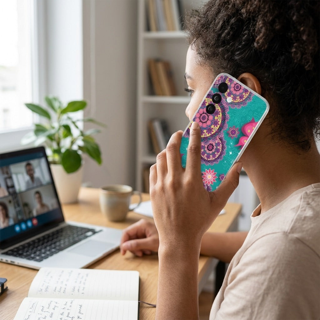 Samsung Galaxy A27 hoesje Cirkels en Vlinders - lifestyle foto in huiselijke setting