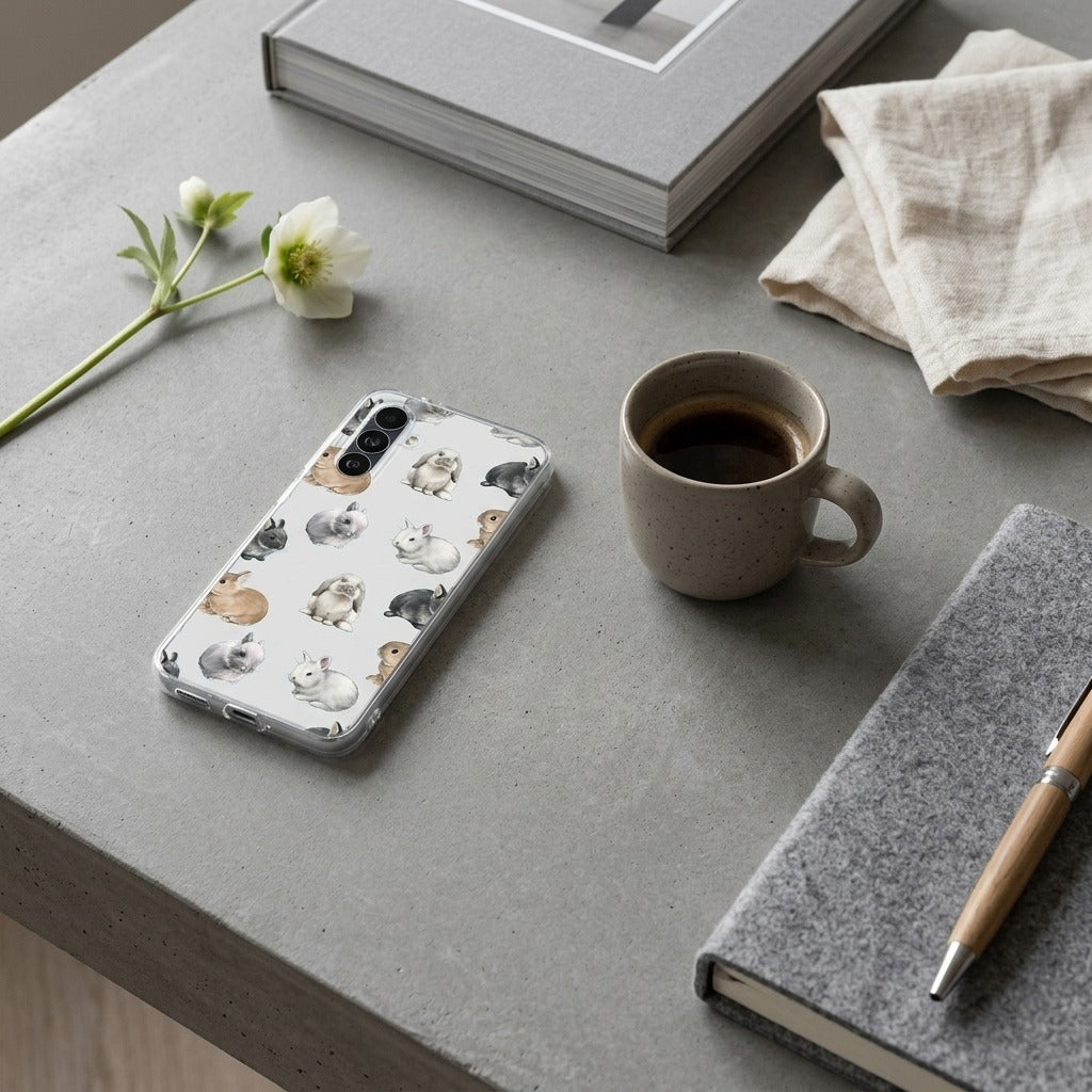 Samsung Galaxy A27 hoesje Konijntjes - lifestyle foto in huiselijke setting