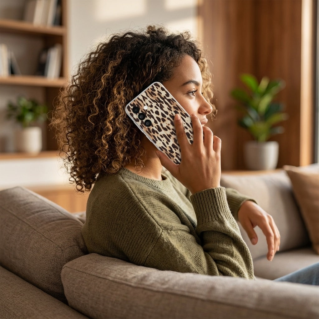 Samsung Galaxy A27 hoesje Leopard - lifestyle foto in huiselijke setting