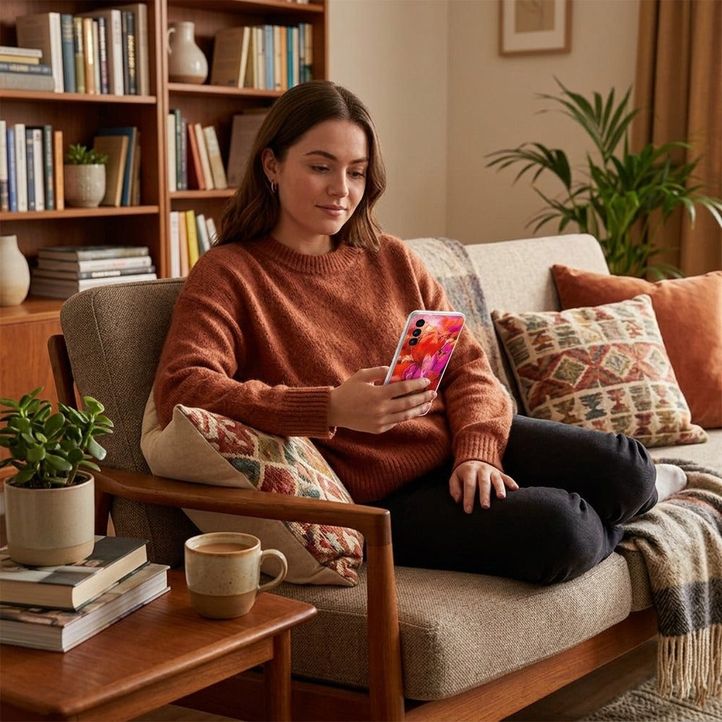 Samsung Galaxy A27 hoesje Tulips - lifestyle foto in huiselijke setting