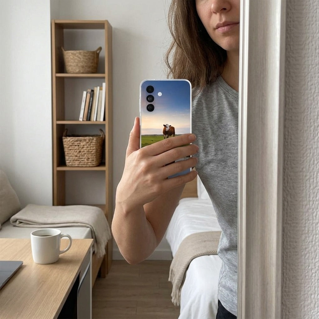 Samsung Galaxy A27 softcase hoesje Koe - lifestyle foto in huiselijke setting