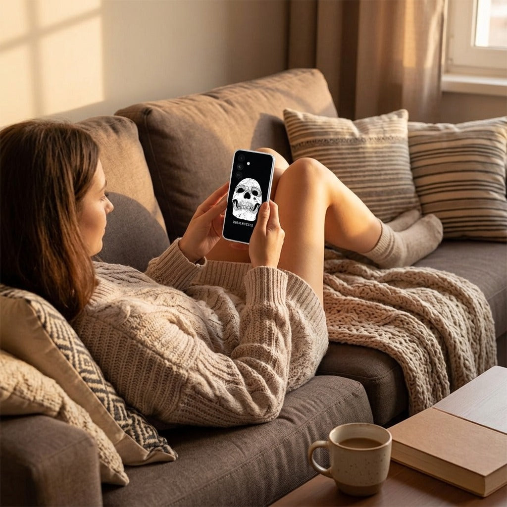 Samsung Galaxy A27 softcase hoesje Skull Eyes - lifestyle foto in huiselijke setting