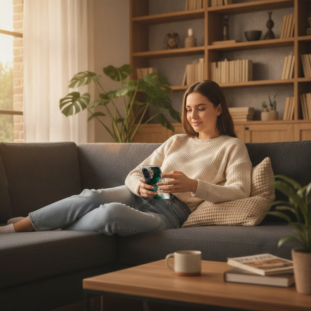 Samsung Galaxy A37 TPU Hoesje Marmer Groen - lifestyle foto in huiselijke setting