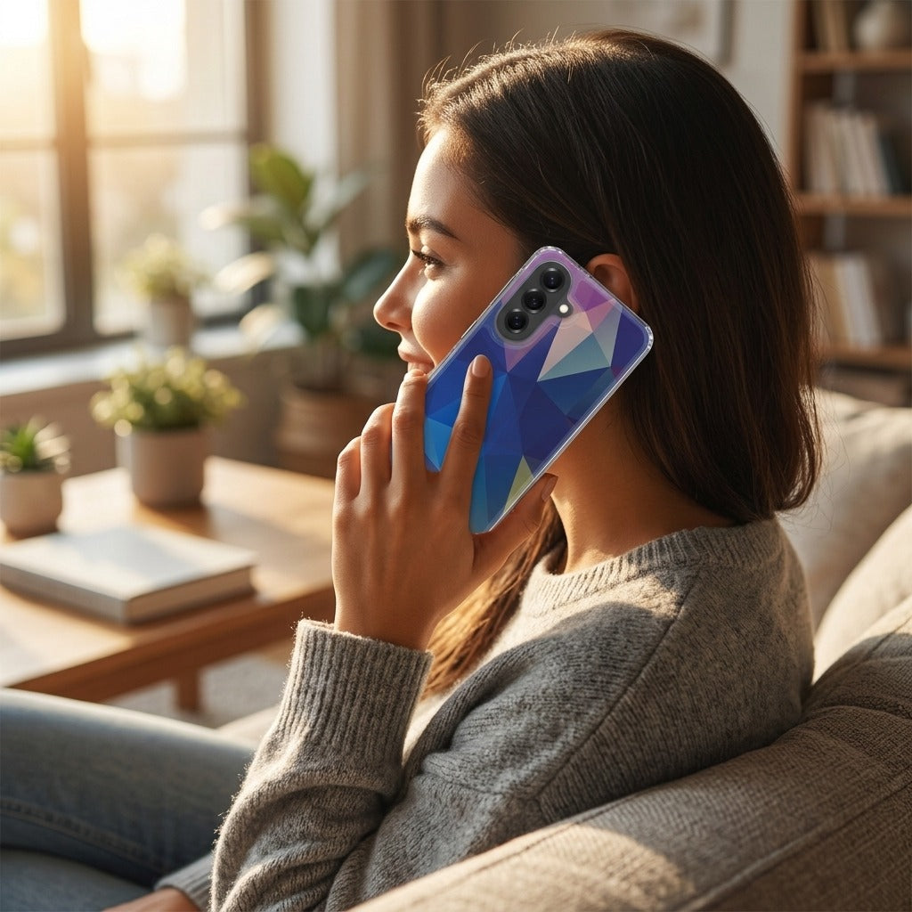 Samsung Galaxy A57 TPU Hoesje Polygon Dark - lifestyle foto in huiselijke setting