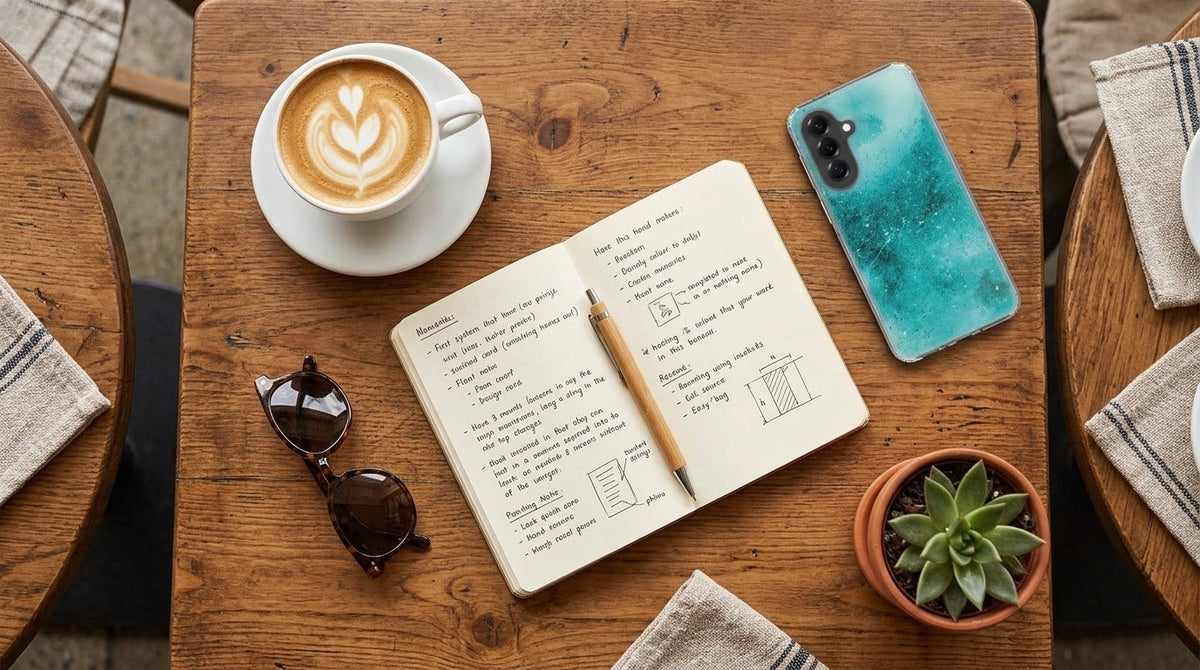 Samsung Galaxy A57 TPU Hoesje Painting Blue - lifestyle foto in huiselijke setting