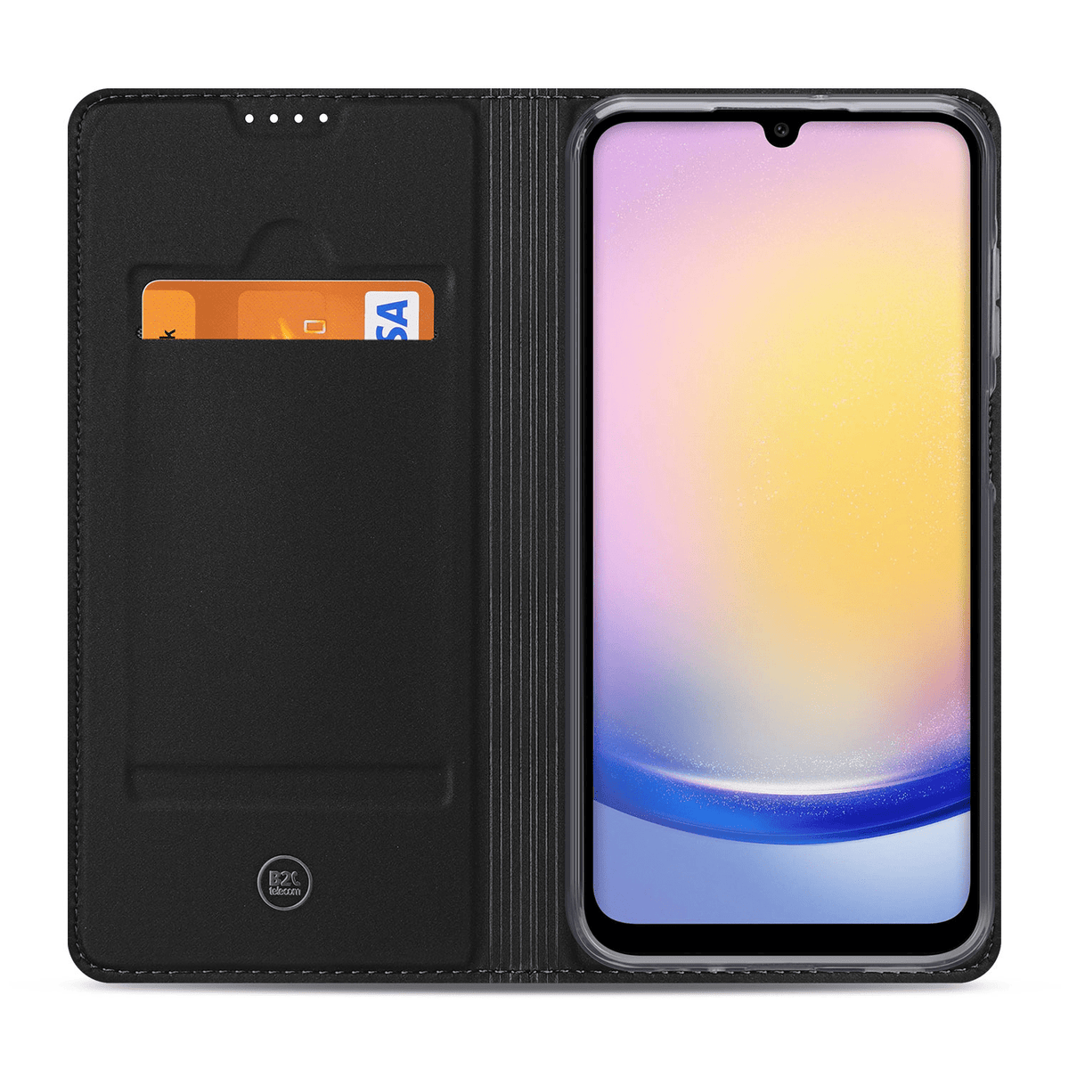 Opengeklapt aanzicht met pasjesvak, pasje en de Samsung Galaxy A25 in de houder van de standcase