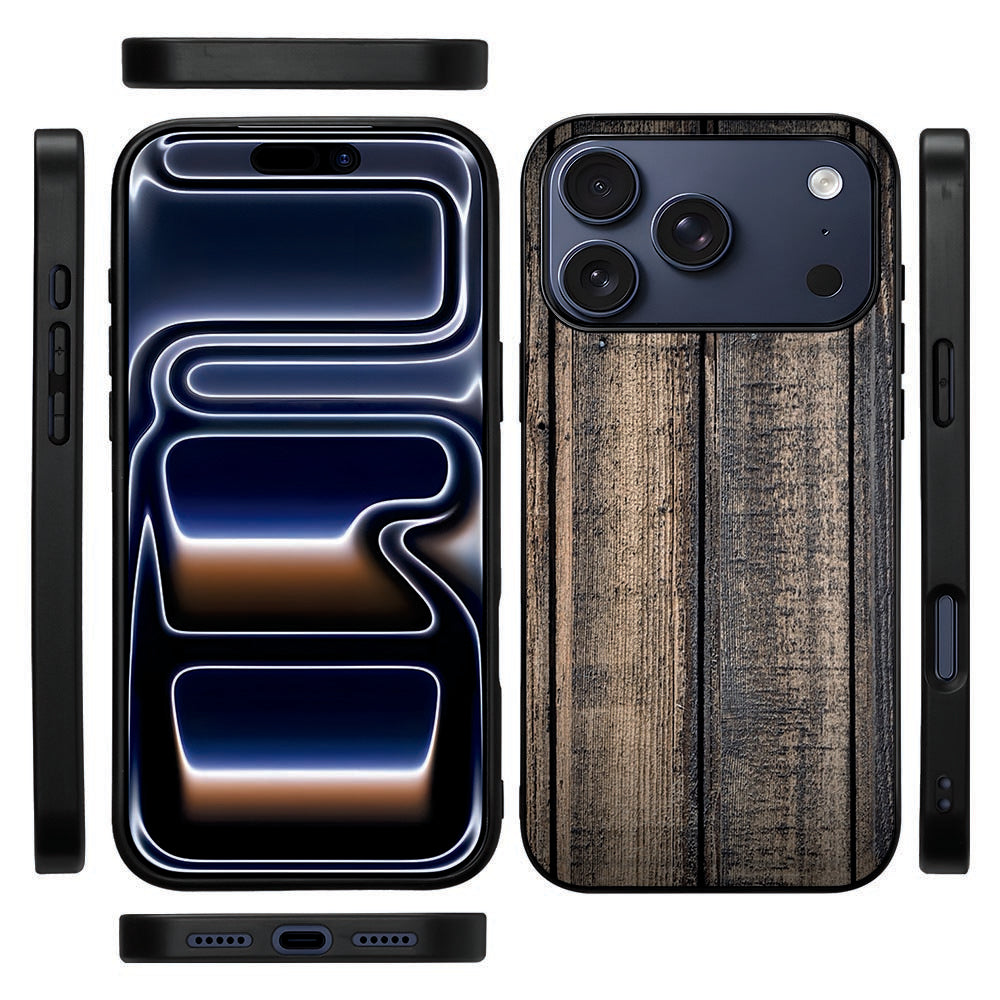 Zijaanzicht van de Steigerhout back cover voor de iPhone 18 Pro met zwarte TPU-rand