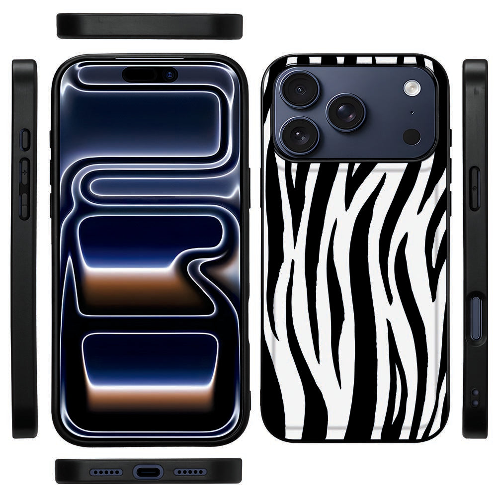 Zijaanzicht van de Zebra back cover voor iPhone 18 Pro Max met flexibele zwarte rand