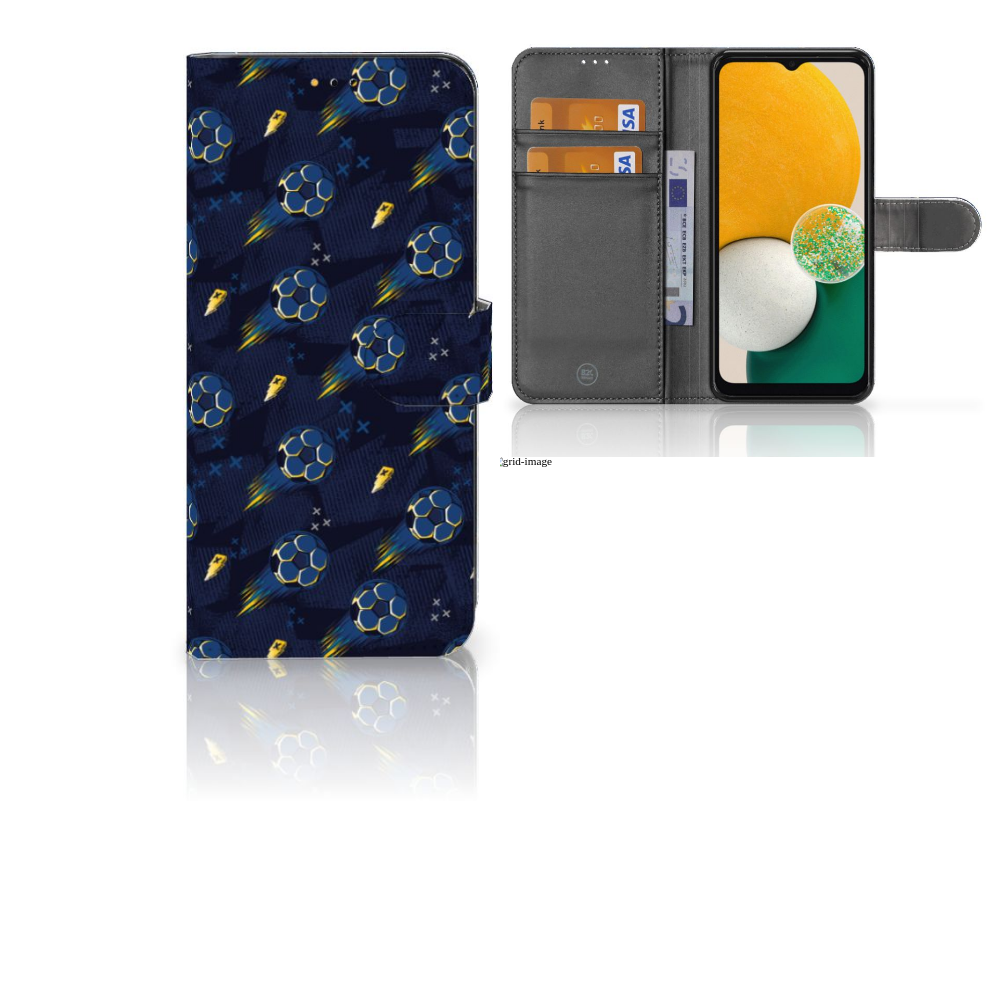 Telefoon Hoesje voor Samsung Galaxy A14 5G Voetbal in donkerblauw met voetbalontwerp, open voor het scherm.
