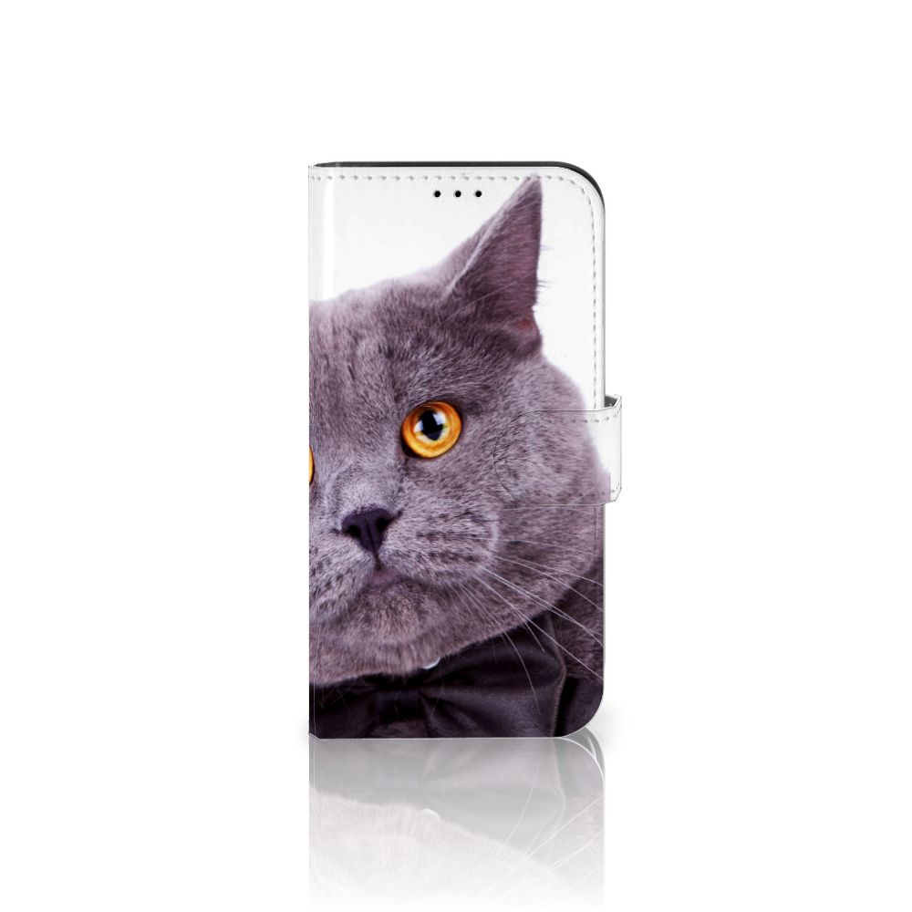 iPhone 13 Pro Telefoonhoesje met Pasjes Kat met schattige grijze kat in zwarte strik en oranje ogen 🐾.
