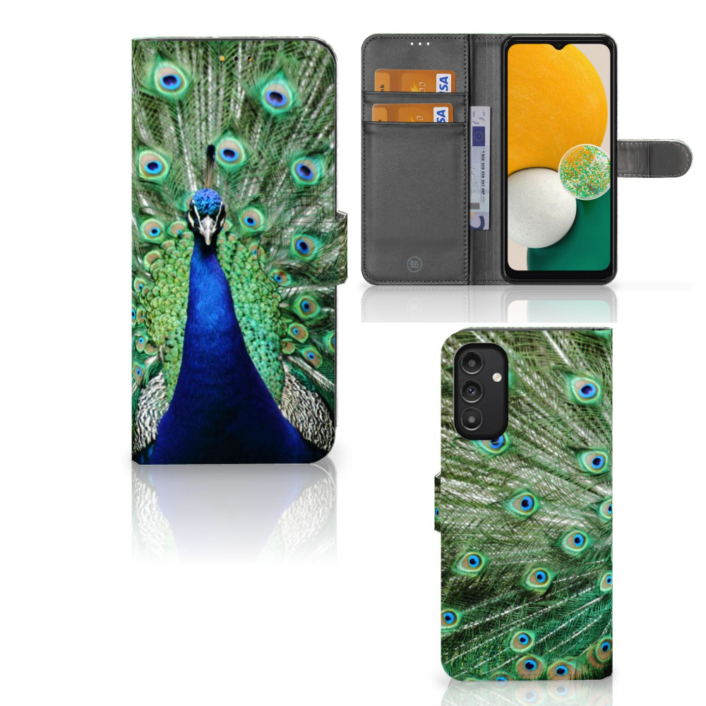 Samsung Galaxy A14 5G Telefoonhoesje met Pasjes Pauw, kleurrijk en duurzaam design met magnetische sluitclip.