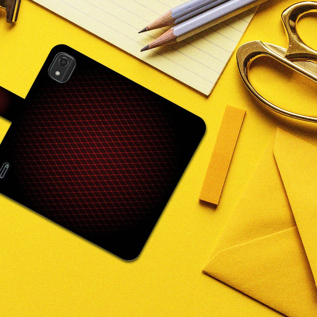 Nokia C2 2nd Edition Telefoon Hoesje Geruit Rood op een bureaublad met gele en grijze kantooraccessoires.