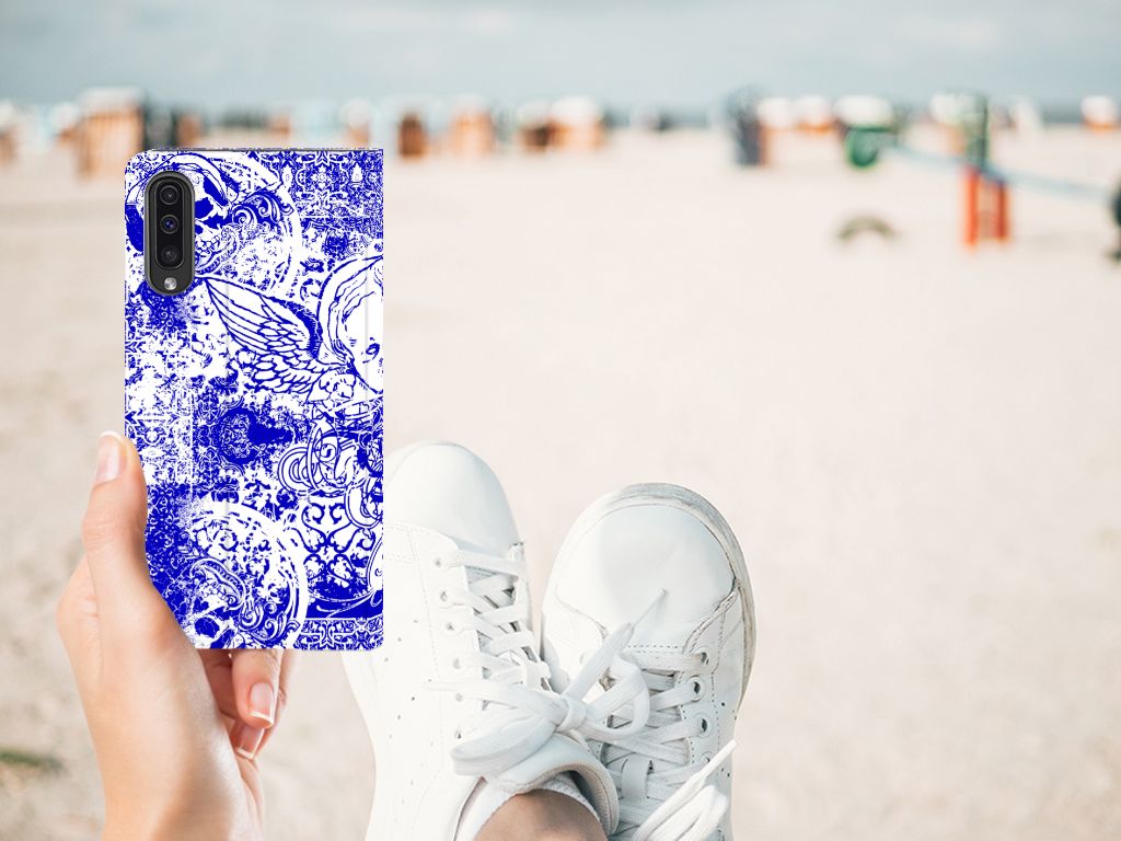 Mobiel BookCase Samsung Galaxy A50 Angel Skull Blauw