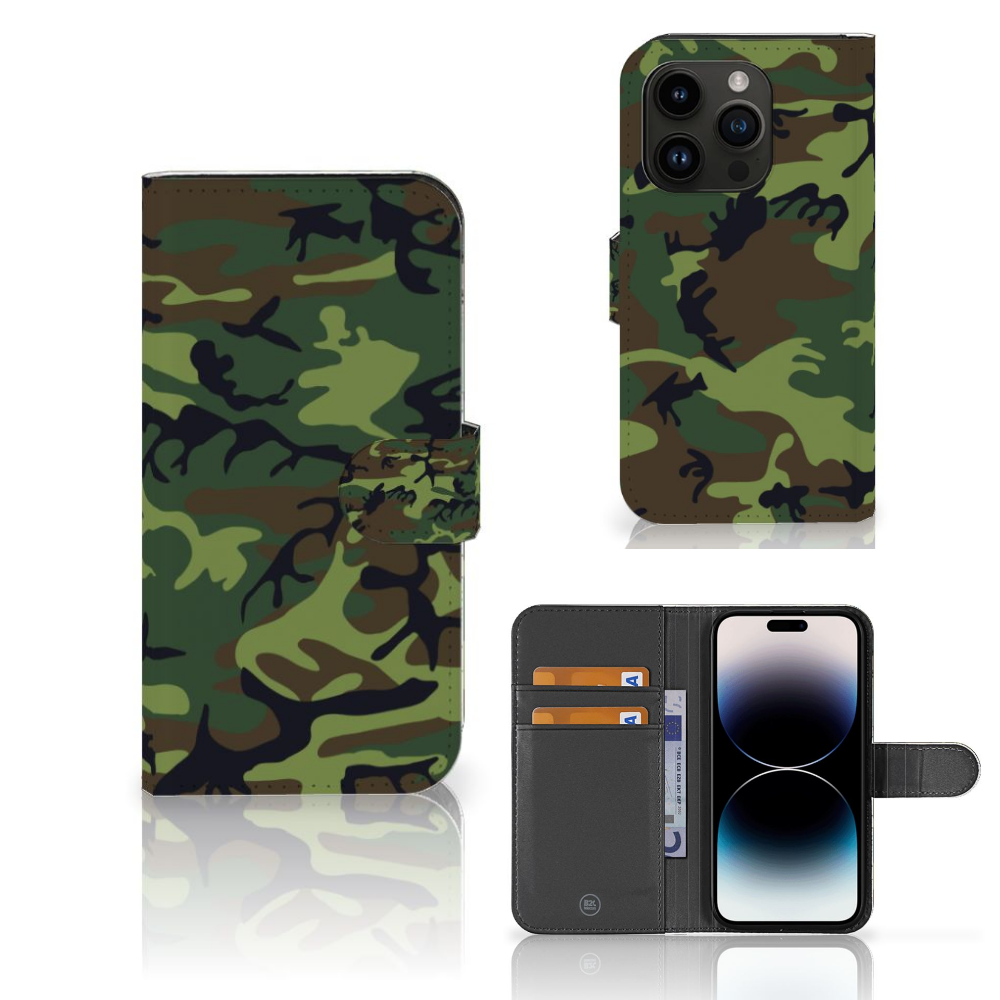iPhone 15 Pro Telefoon Hoesje Army Dark met camouflage print en pasjeshouder 🍂