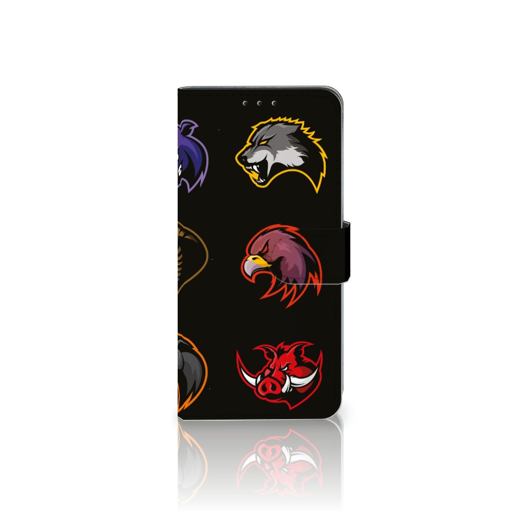 Xiaomi Mi 9 Lite Leuk Hoesje Cartoon met verschillende dierenkoppen in levendige kleuren op zwarte achtergrond.