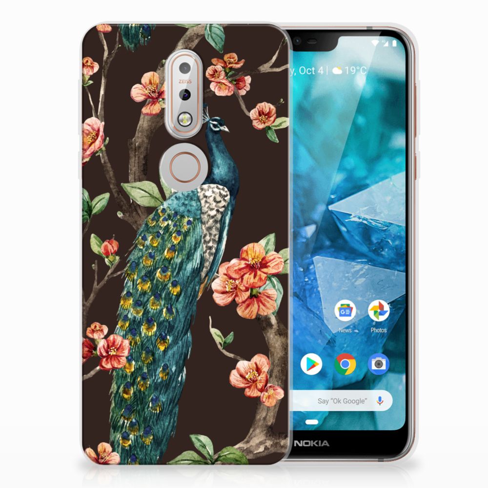 Nokia 7.1 TPU Hoesje Pauw met Bloemen