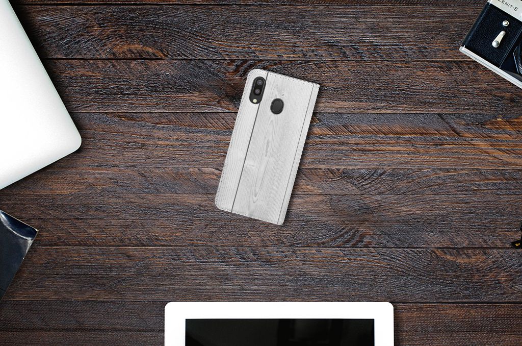 Samsung Galaxy M20 Book Wallet Case White Wood