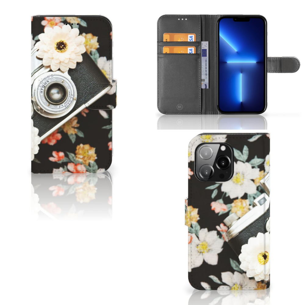 iPhone 13 Pro Telefoonhoesje met foto Vintage Camera - Bloemig design met vintage camera en pasjeshouders.