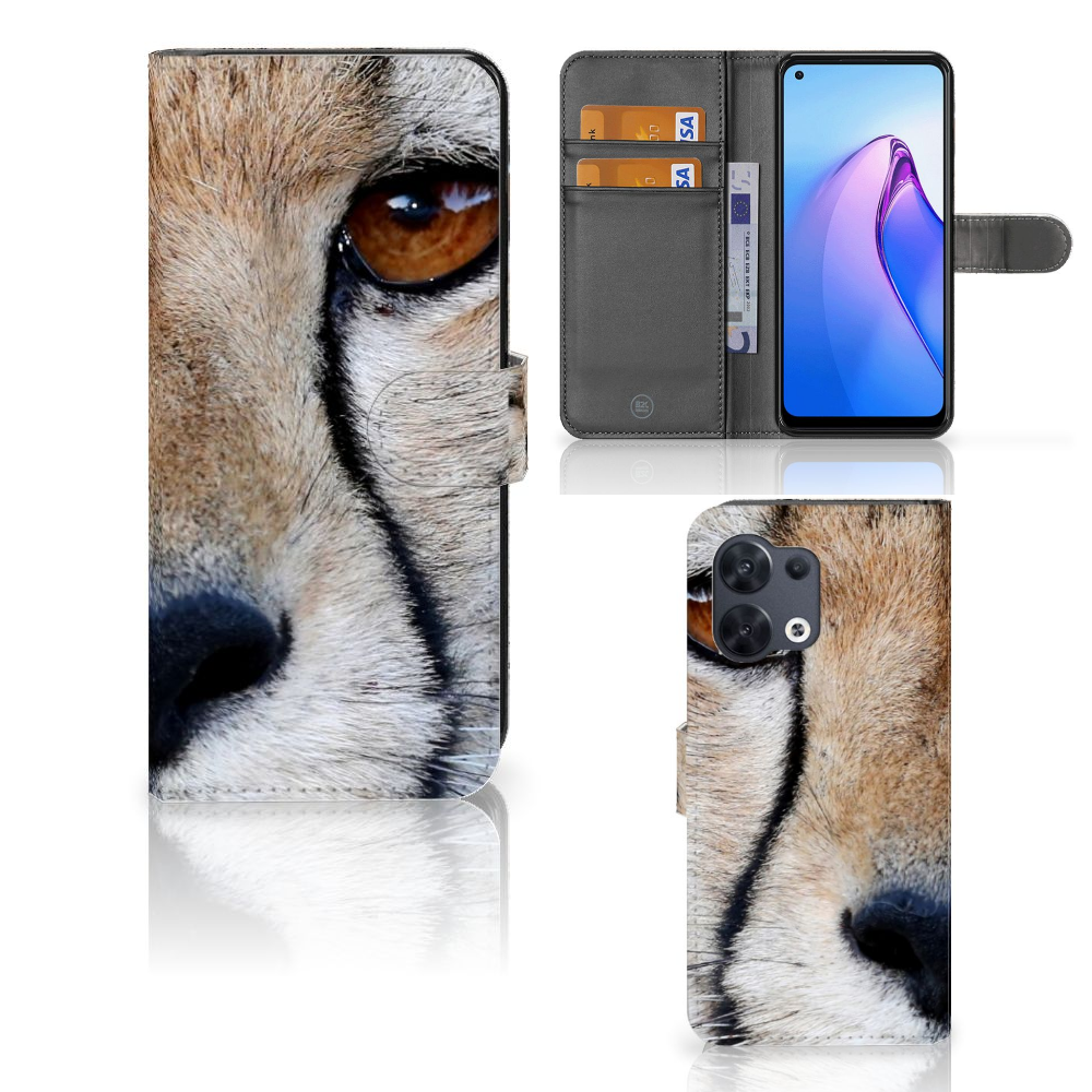 OPPO Reno8 Telefoonhoesje met Pasjes Cheetah close-up van cheeta met ruimte voor 3 pasjes