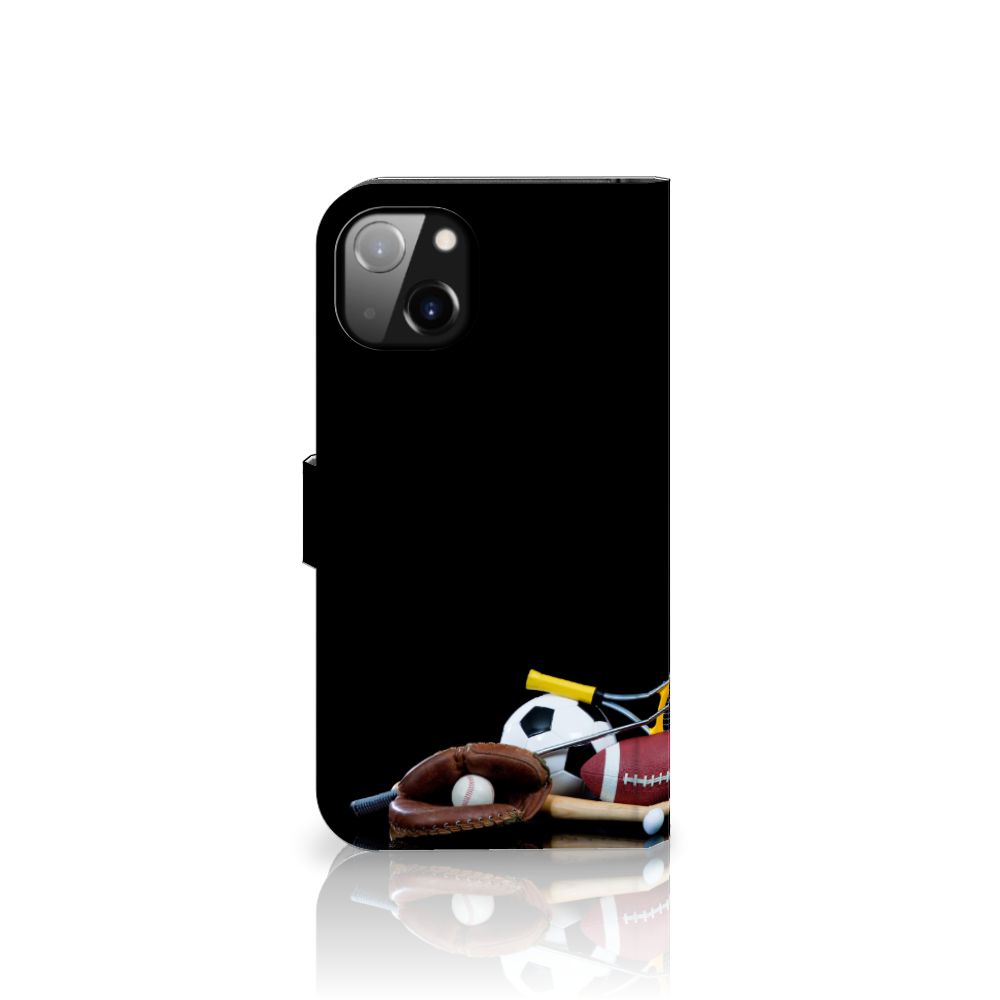 iPhone 14 Plus Wallet Case met Pasjes Sports met verschillende sportuitrustingen op een zwarte achtergrond.