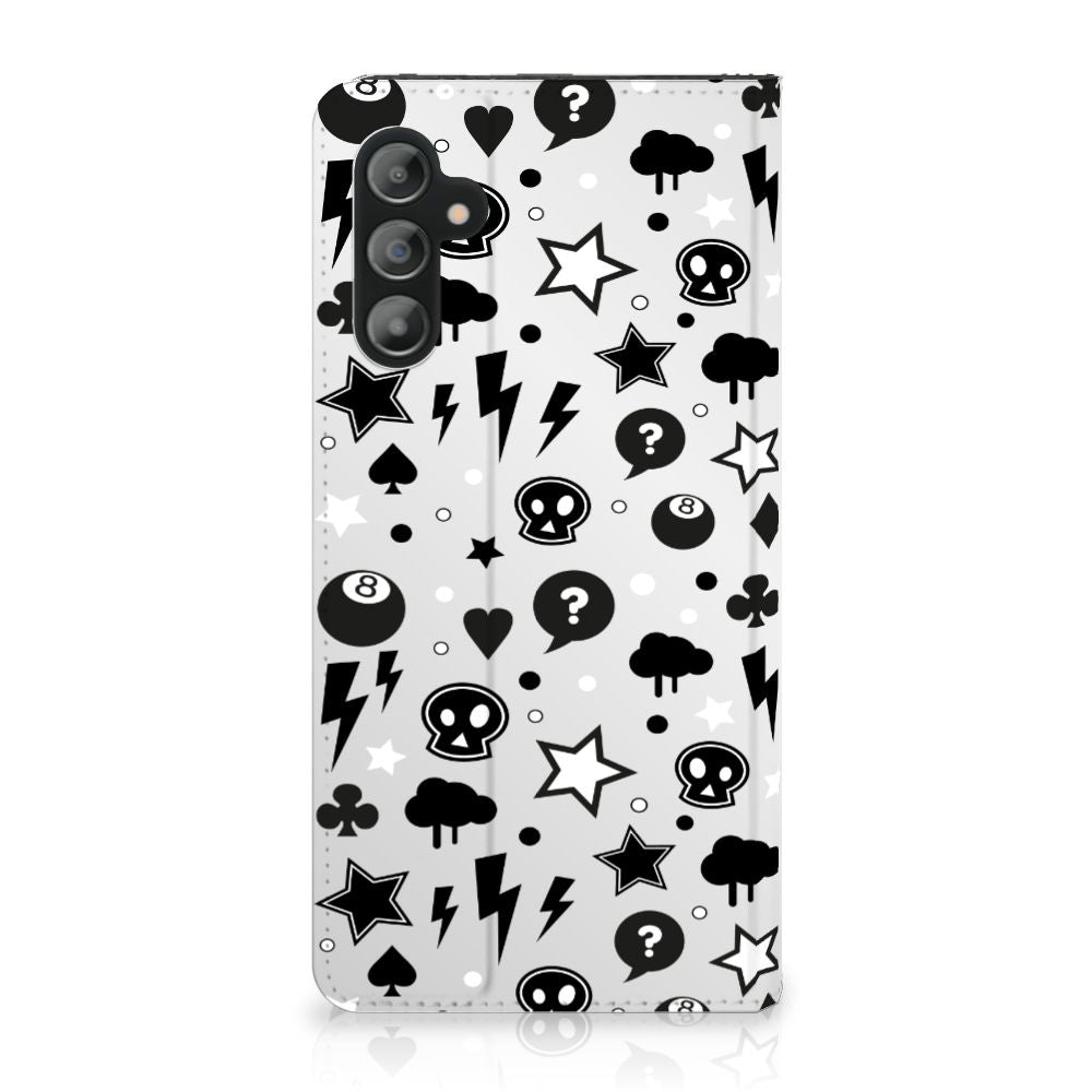 Mobiel BookCase Samsung Galaxy A14 5G Silver Punk met opvallend zwart-wit design van sterren, bliksem en andere symbolen.
