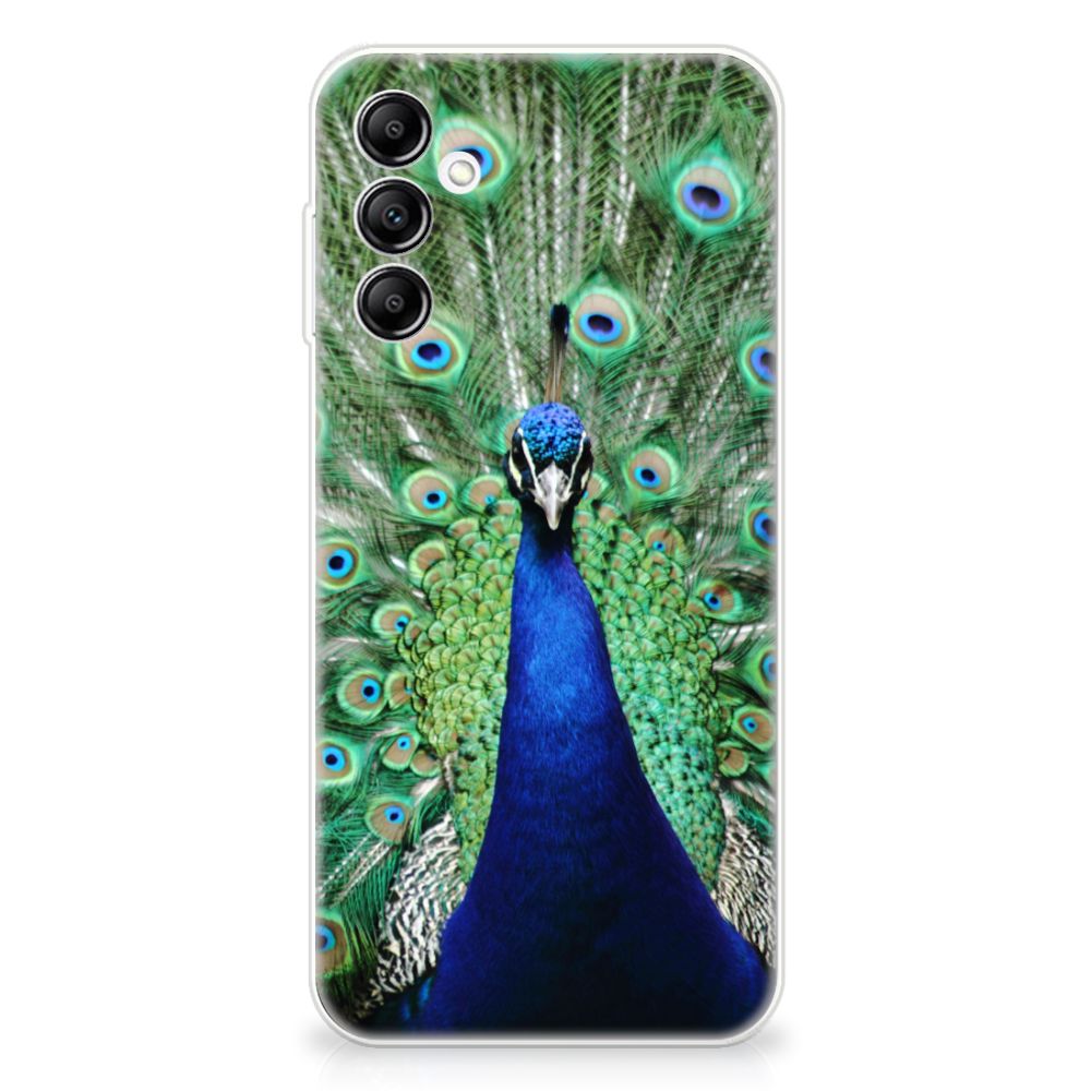 Samsung Galaxy A14 5G TPU Hoesje Pauw met kleurrijk pauwen ontwerp op een transparante case.