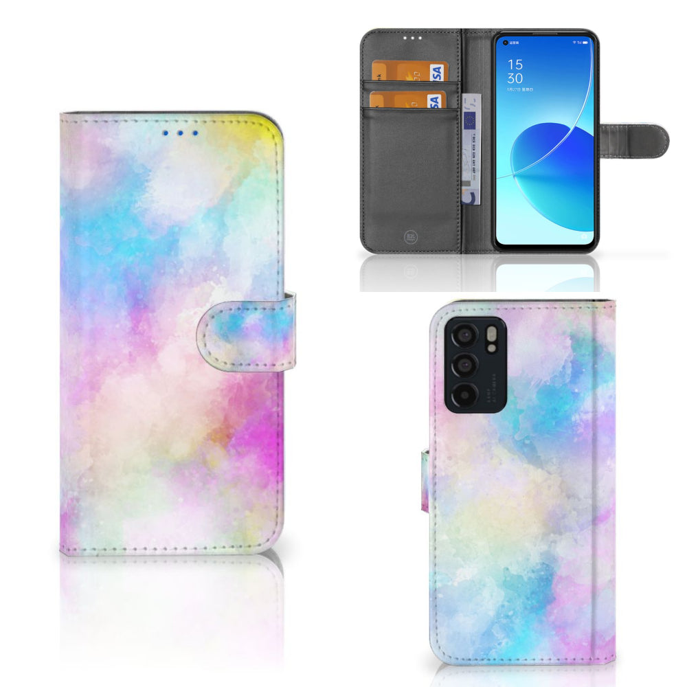 Hoesje OPPO Reno6 5G Watercolor Light met pastelkleuren en pasjeshouder, uniek en kleurrijk ontwerp.