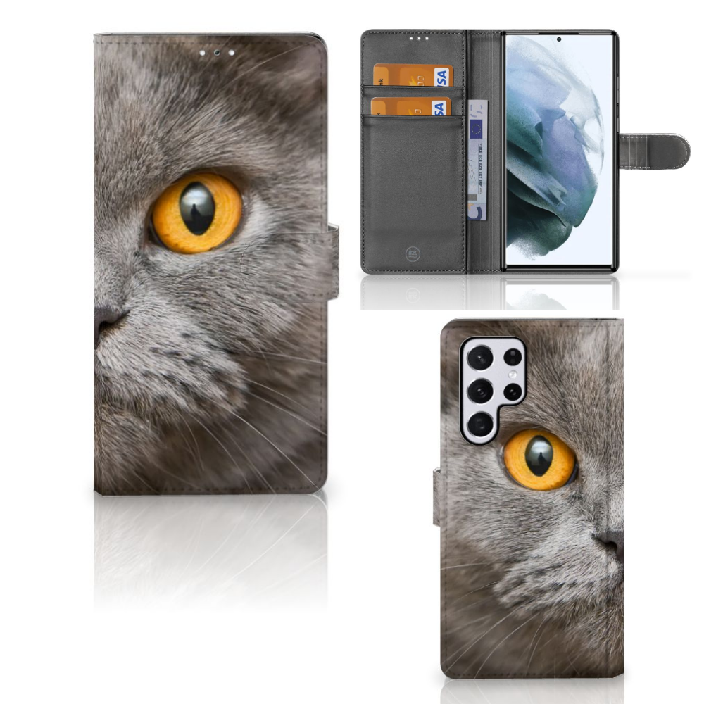 Telefoonhoesje met Pasjes Samsung Galaxy S22 Ultra Britse Korthaar met indrukwekkend kattenontwerp