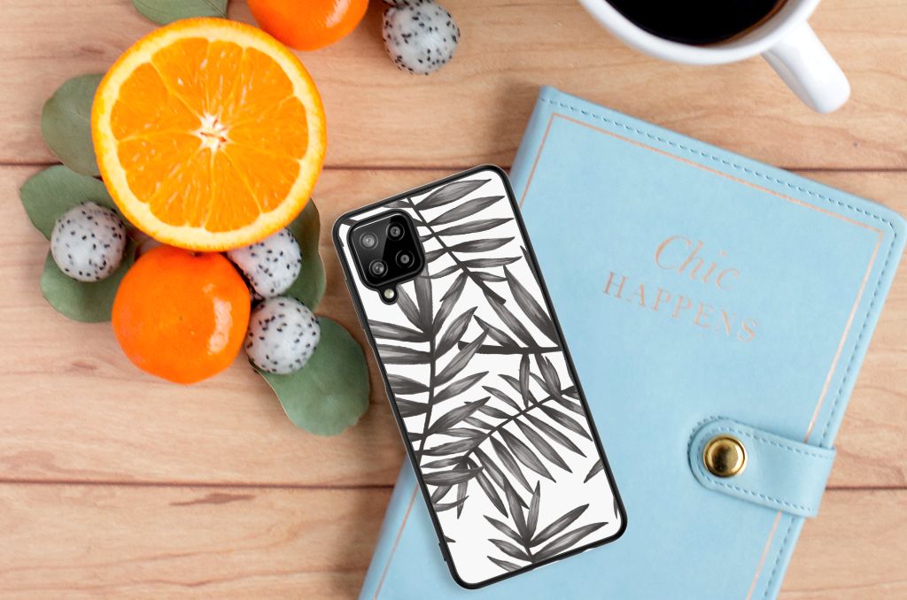 Samsung Galaxy A12 Bloemen Hoesje Leaves Grey B2C Telecom