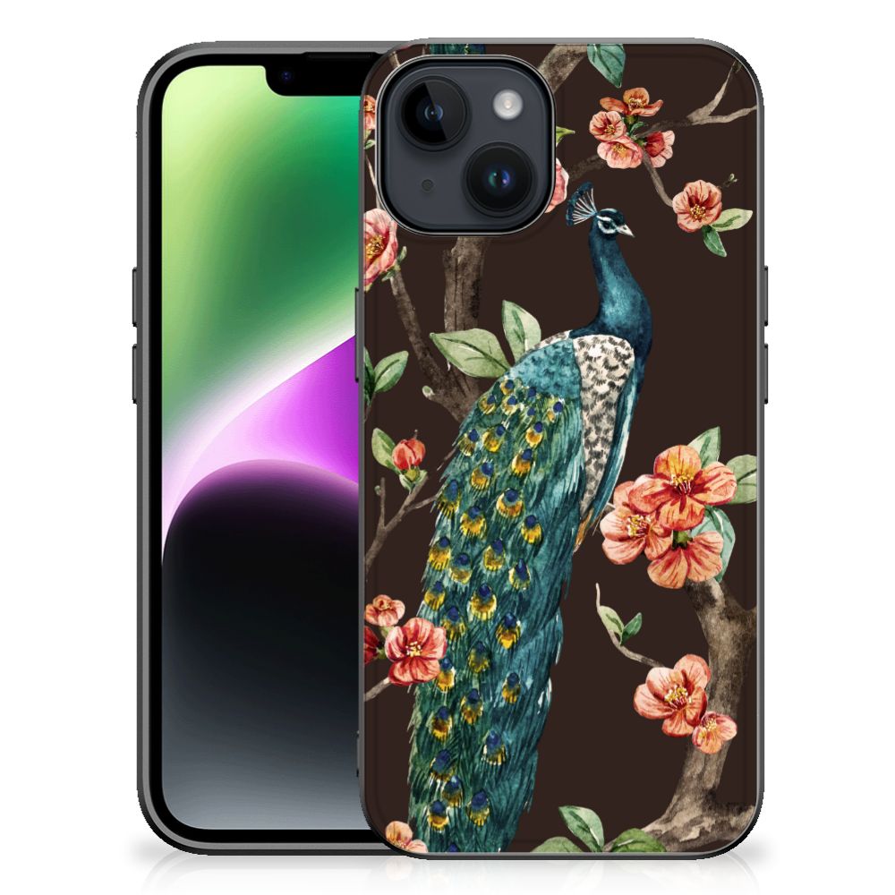 iPhone 15 Dierenprint Telefoonhoesje Pauw met Bloemen