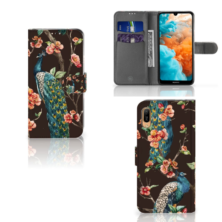 Huawei Y6 (2019) Telefoonhoesje met Pasjes Pauw met Bloemen