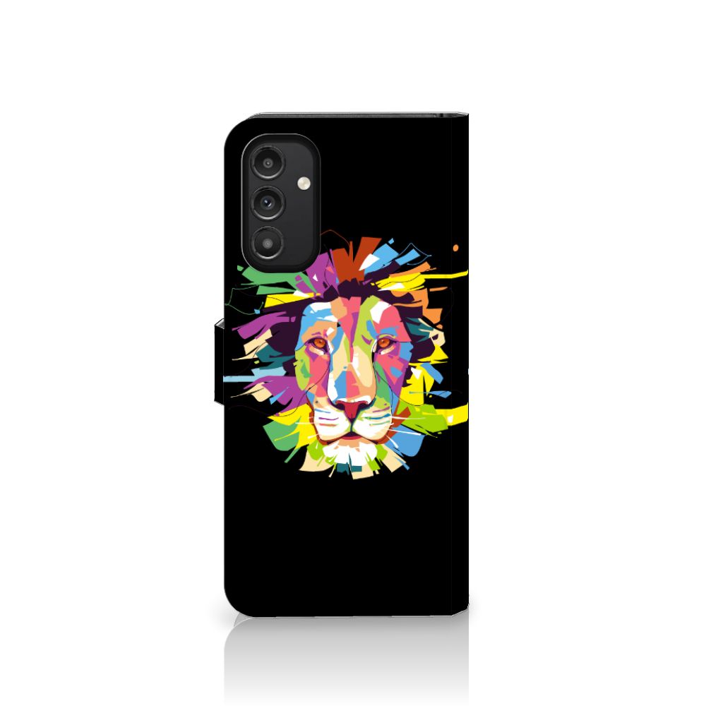 Samsung Galaxy A14 5G Leuk Hoesje Lion Color met kleurrijk leeuwendesign op zwarte achtergrond.