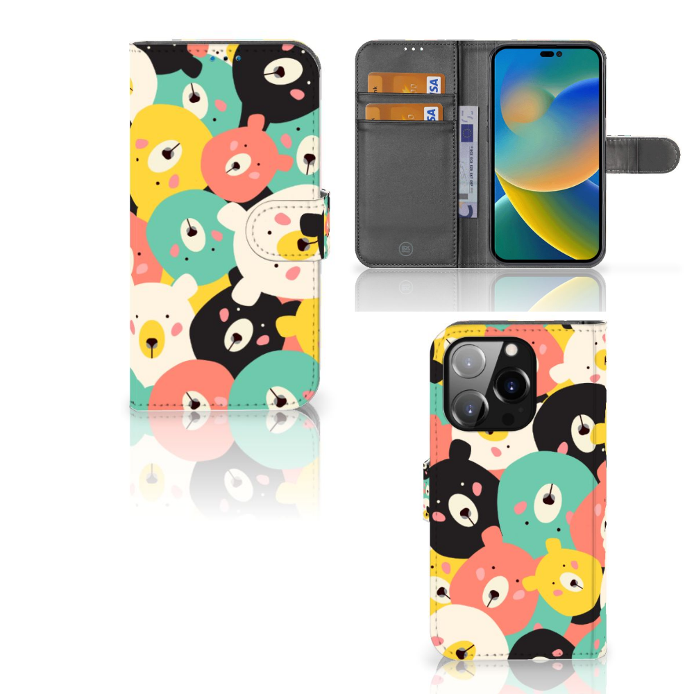 iPhone 14 Pro Leuk Hoesje Bears met schattige, gekleurde beertjes in vrolijke tinten.